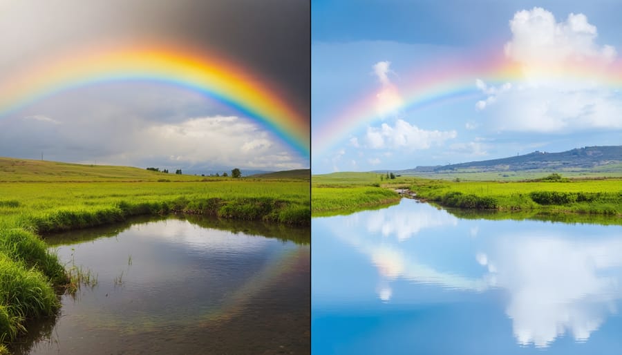 Before and after comparison of a mountain landscape with prismatic filter effects