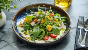 "A colorful, creatively styled salad with scattered herbs and dressing, captured in professional food photography style."