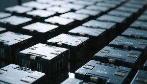 "High-capacity lithium-ion camcorder batteries shown on a reflective surface in a professional studio setting."