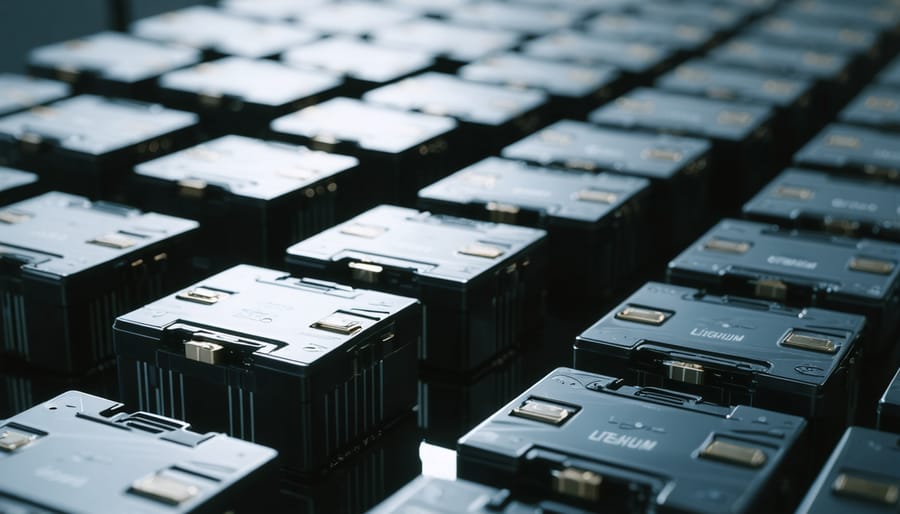 "High-capacity lithium-ion camcorder batteries shown on a reflective surface in a professional studio setting."