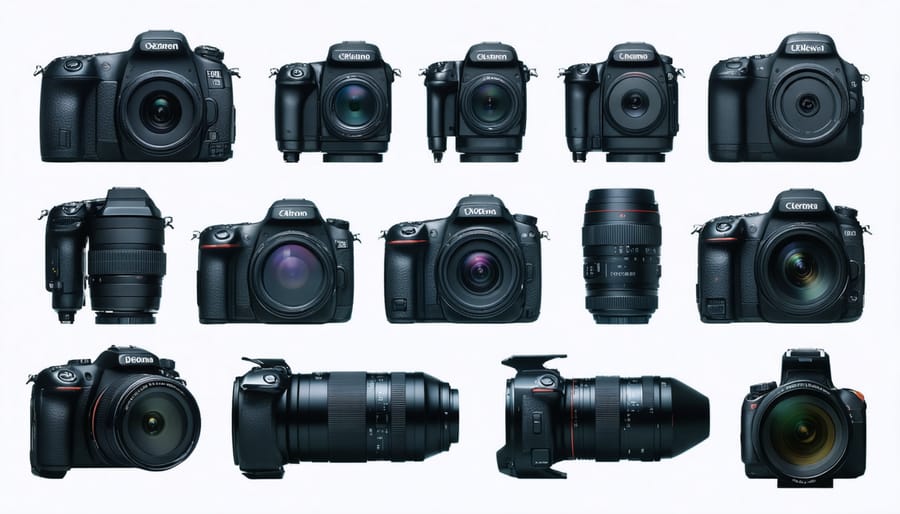 Professional camera equipment including lenses and camera bodies arranged on white surface