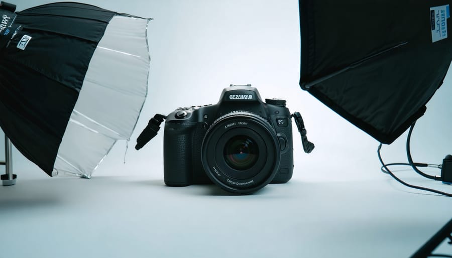 "Professional-grade DSLR camera with macro lens and ring light on a photography setup designed for quality control in manufacturing."