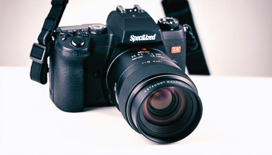 High-end DSLR camera with macro lens and ring light in studio setting