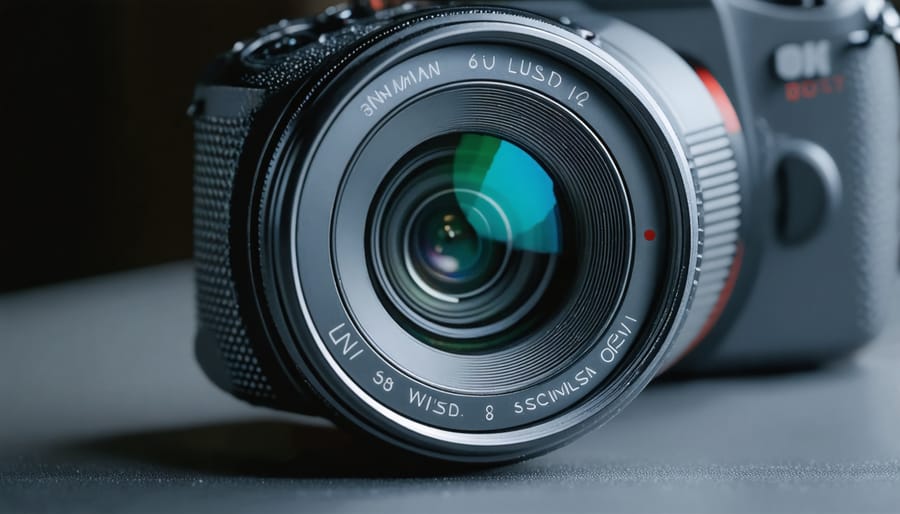 "Close-up of a camera lens featuring advanced liquid crystal technology, set against a softly lit high-tech background."