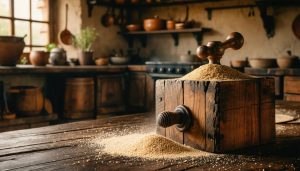 "A traditional wooden hand mill in a rustic kitchen setting, used historically for grinding grains, emphasizing the evolution of culinary techniques."
