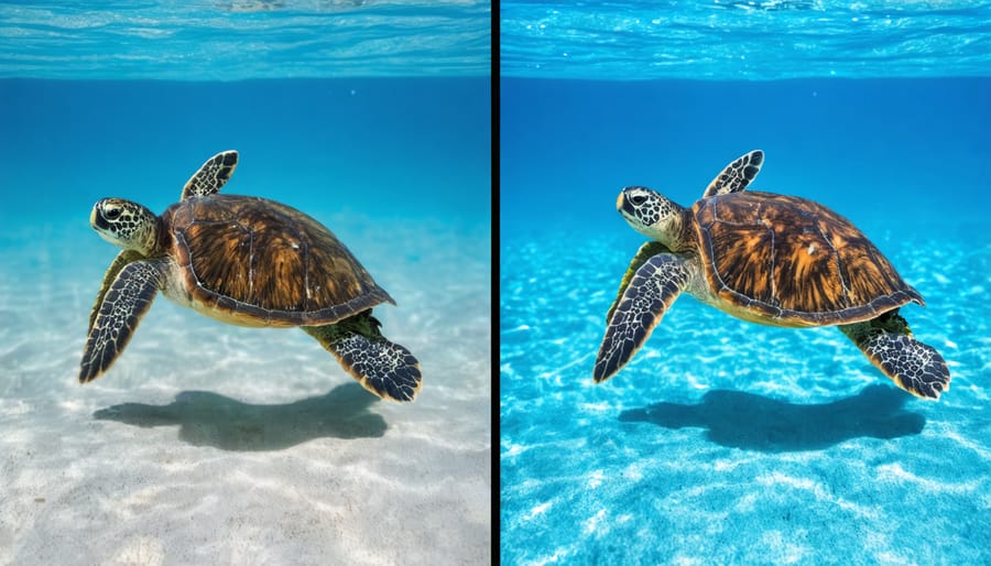 Comparison of safe and unsafe distances when photographing a green sea turtle, with distance markers shown