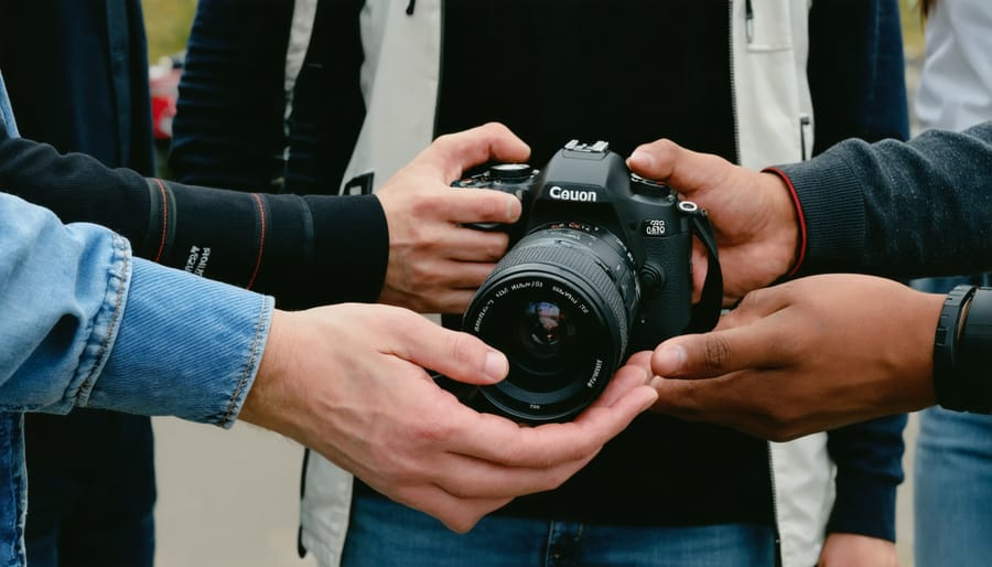 Two photographers meeting outdoors to examine and discuss camera equipment