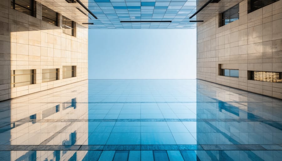 Modern glass skyscraper with perfectly straight vertical lines and no perspective distortion