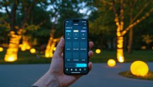 "Smartphone showing a lighting control app in use for adjusting outdoor LED lights illuminating trees at night."