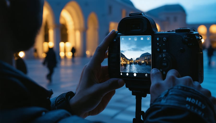 Photographer using smartphone to control multiple outdoor lights during night photography session