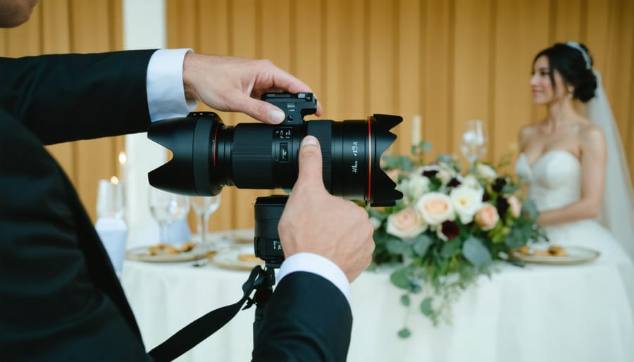 Photographer using 24-70mm f/2.8 lens at a wedding, showing its versatility in action