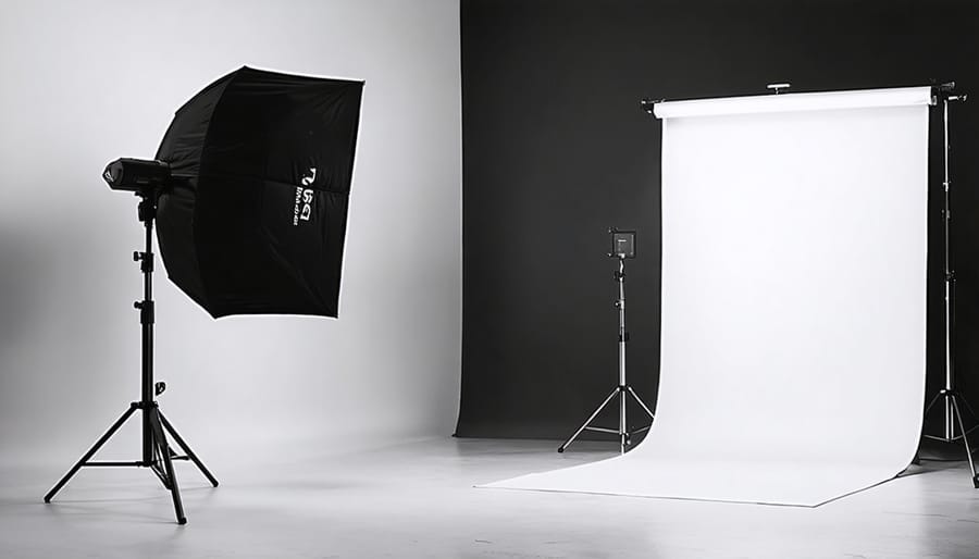 Professional studio lighting setup with multiple light sources and product photography station