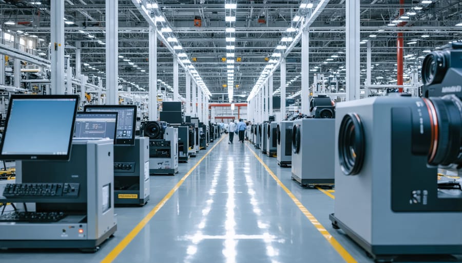 Modern camera factory interior with visible solar panels and production line