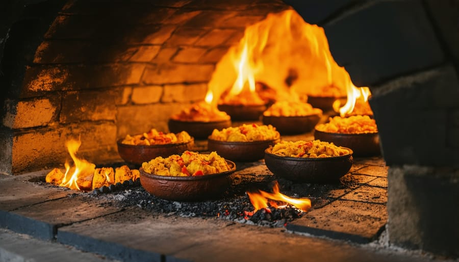 Glowing traditional tandoor oven with naan bread cooking on interior walls