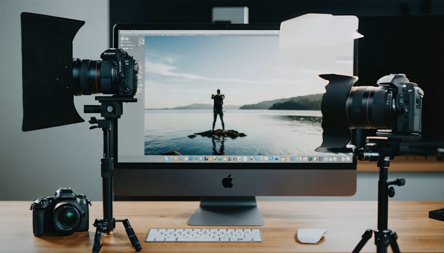 Professional photography setup with camera tethered to MacBook Pro in studio
