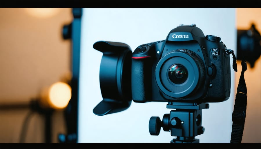 Camera on tripod connected to laptop for tethered shooting in studio