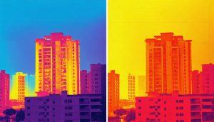 A thermal camera capturing a dual image of a building, showcasing vivid thermal and standard imagery to highlight temperature variations and energy efficiency in an urban environment.
