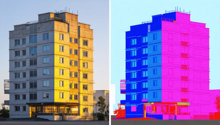 Comparison showing both thermal and regular photograph of a building highlighting heat loss areas