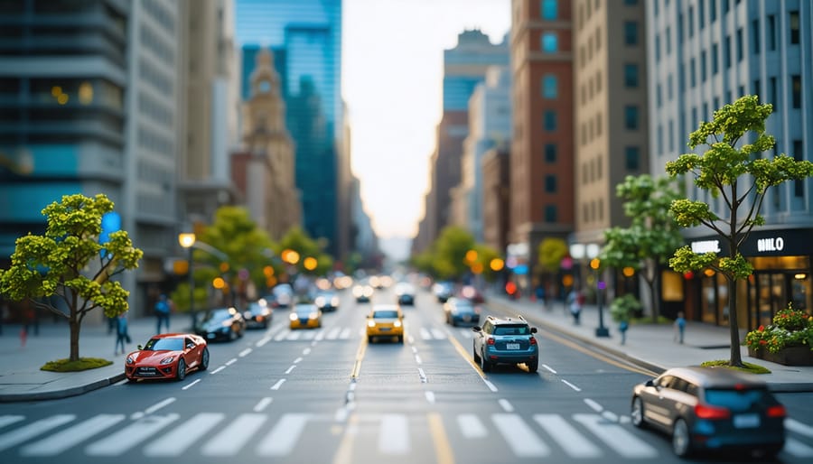 Aerial view of city with tilt-shift miniature effect making buildings and cars appear toy-like