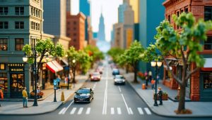 "A tilt-shift photograph of a city street that looks like a miniature model, captured from above with blurred background and vibrant colors."