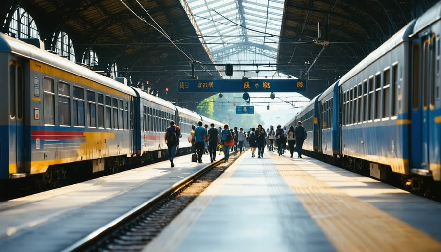 Elevated view of train station platform with miniature effect making people and trains look like toys
