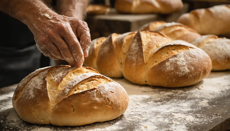 Close-up of elderly hands kneading bread dough on wooden surface