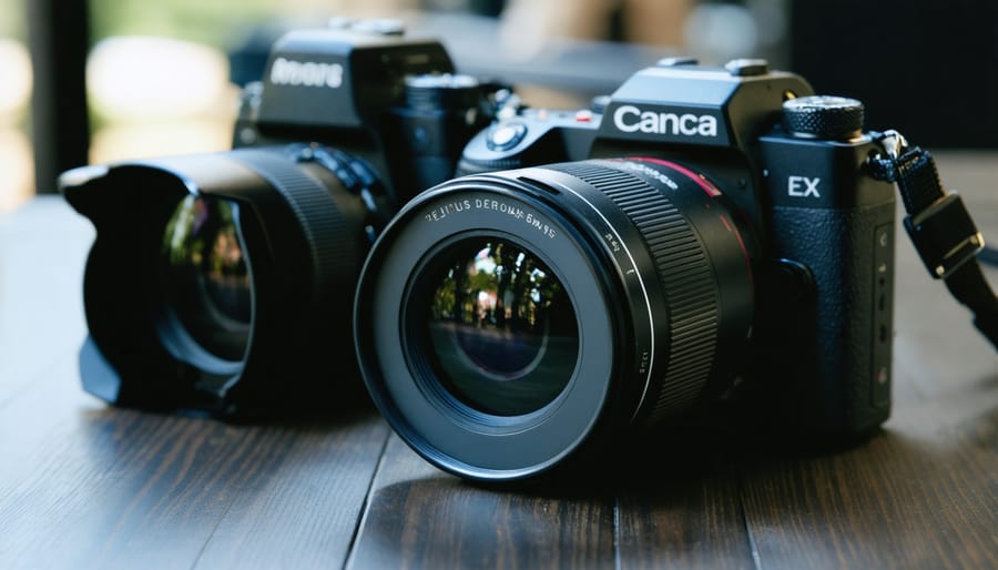 Overhead view of camera equipment with rental receipt and payment on wooden desk