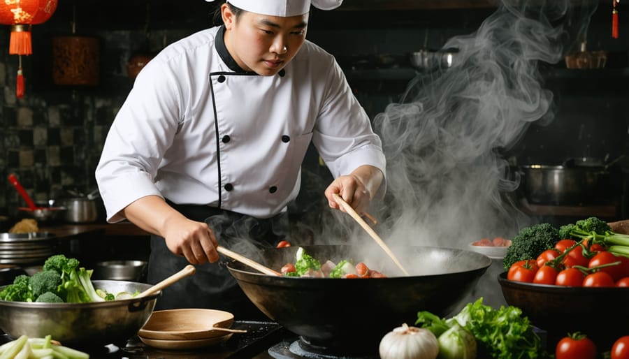 Chef cooking with wok over open flame in traditional kitchen
