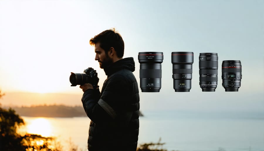 Conceptual image of a photographer surrounded by floating lenses - 24-70mm, 70-200mm, and 16-35mm - each emitting light to depict their importance in versatile, portrait, and landscape photography.