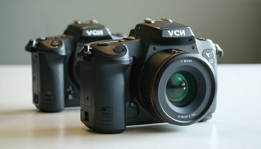 Professional V-mount battery attached to video camera