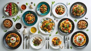 An overhead shot capturing a stylish arrangement of diverse dishes with fresh garnishes and vintage cutlery, illuminated by natural window light, demonstrating professional food styling and photography techniques.