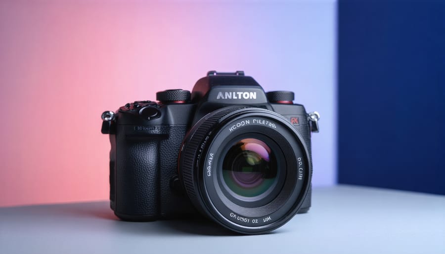 Canon video lens with ND filters, lens hood, and follow-focus accessories arranged on white surface