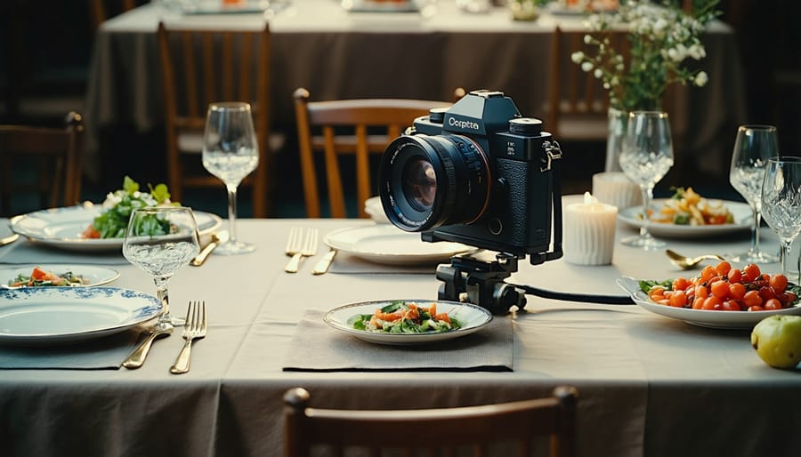 Vintage large format camera on wooden tripod photographing elegant table setting