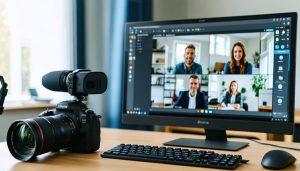 "Photographer displays camera equipment to virtual students on a computer screen in a home studio."