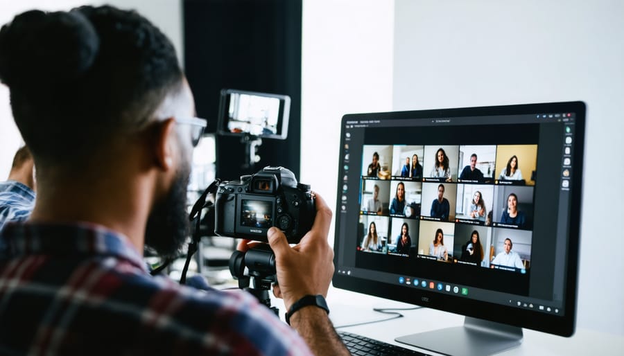 Photographer teaching virtually while gesturing at camera equipment on desk