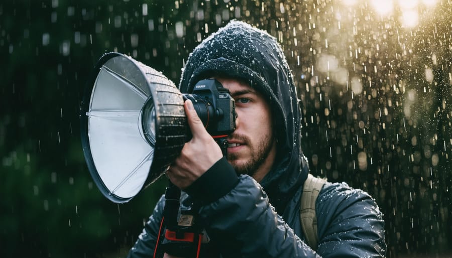Demonstration of weather-protected strobes and stands being used during rainfall