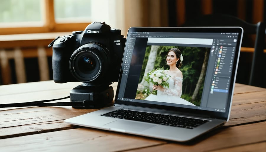 Professional photographer organizing wedding photos using AI-powered software