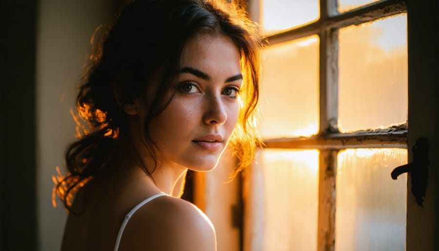 Portrait of person's face lit by golden sunlight through window