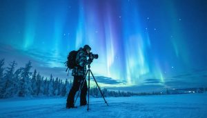 "Photographer in snowy wilderness capturing Northern Lights and winter landscapes at night."