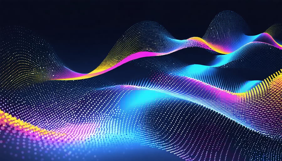 An artistic representation of a digital camera sensor illustrating z-noise waves as colorful zigzag patterns, symbolizing the intersection of scientific precision and creative expression in digital photography.