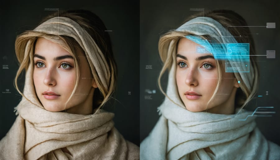 Photographer using smartphone with AI composition assistance displaying grid overlay and guidance