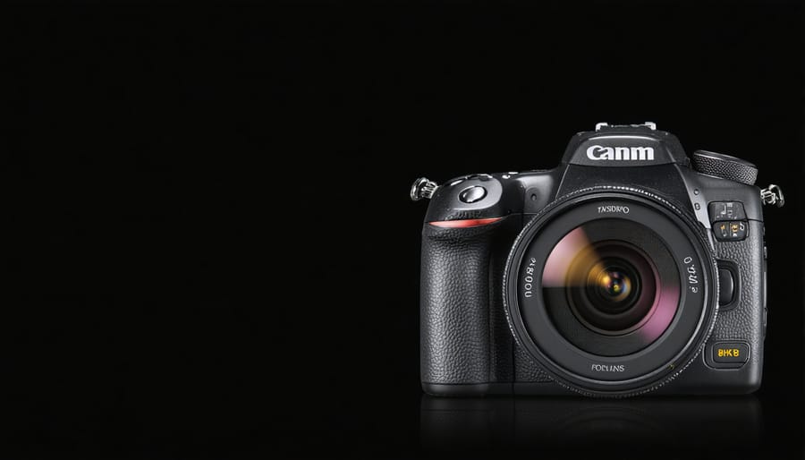 Professional camera lens positioned over laptop showing financial interface on wooden desk