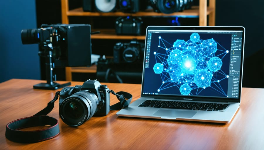 Large cinema lens next to a mirrorless camera on a modern desk, with a laptop showing abstract AI network graphics (no text), softly lit studio setting and blurred gear in the background.