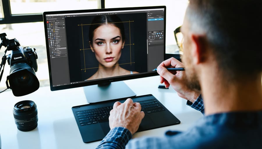 Photographer using a pen tablet to refine a portrait on a large monitor with subtle grid and leading-line overlays, no visible text, in a softly lit studio with lenses in the background.
