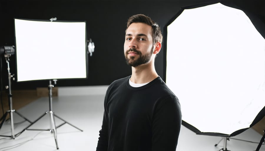 Portrait photography session showing ambient lighting working with studio equipment