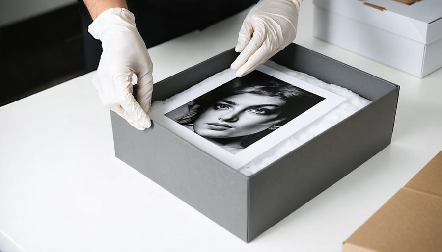 Gloved hands placing a black-and-white photo into a gray archival storage box with acid-free tissue on a clean conservation worktable, with blurred shelves of archival boxes and a soft-focus cardboard box in the background.