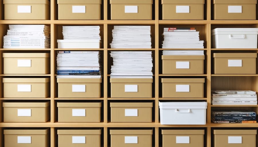 Photography studio storage area with organized archival boxes on metal shelving