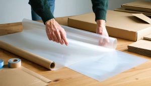 Hands carefully placing an art print in a protective sleeve between two oversized backing boards on a wooden table, with corner protectors, a triangular tube, and blank mailers nearby.