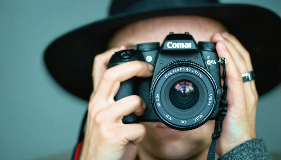 Camera viewfinder perspective showing authentic documentary scene in urban setting