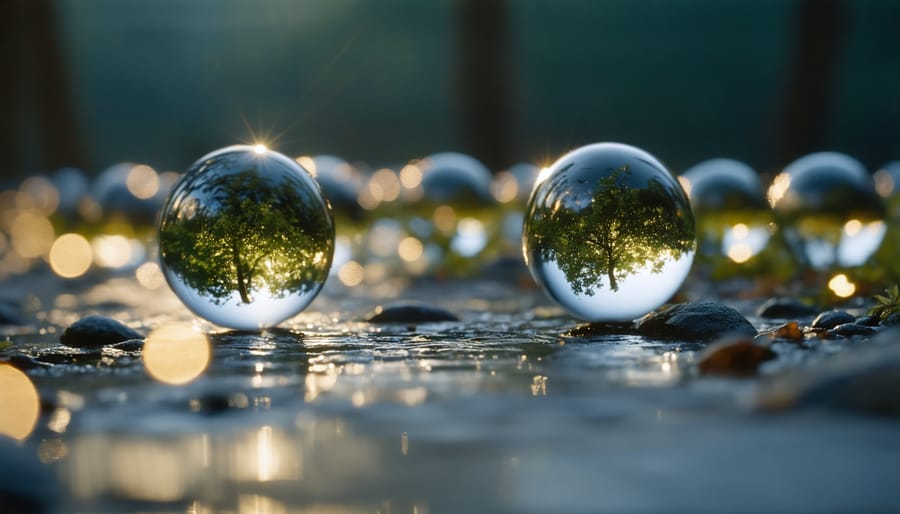Portrait with subject in sharp focus and string lights creating circular bokeh balls in background